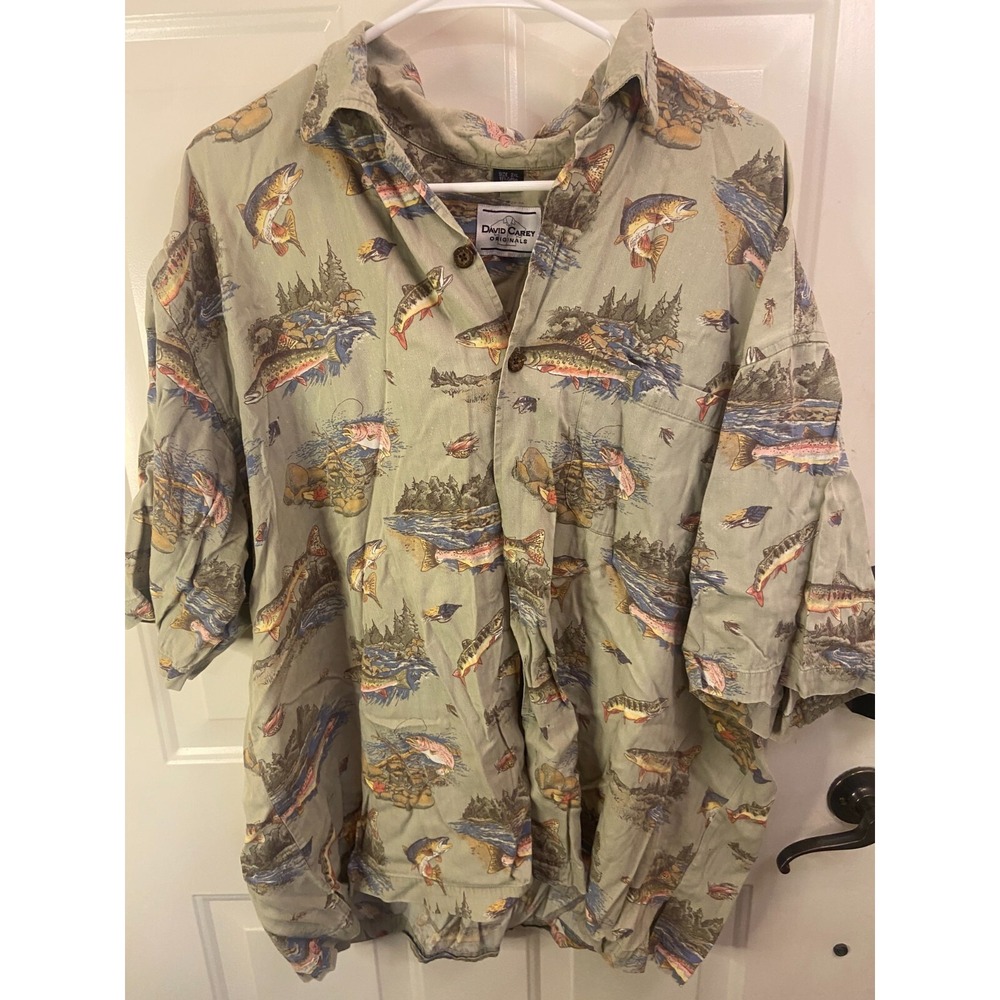 DAVID CAREY Fish Print Shirt Men's 2XL Button Up Cotton Rayon Blend Casual Beach